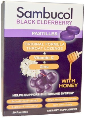 Sambucol, Black Elderberry Pastilles with Honey, 20 Pastilles ,والصحة، والانفلونزا الباردة والفيروسية، ورذاذ الرعاية الحلق، قطرات السعال
