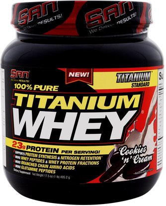 SAN Nutrition, 100% Pure Titanium Whey, Cookies & Cream, 17.5 oz (495.2 g) ,والرياضة، والمكملات الغذائية، بروتين مصل اللبن