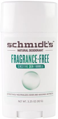 Schmidts Natural Deodorant, Sensitive Skin Formula, Fragrance-Free, 3.25 oz (92 g) ,حمام، الجمال، مزيل العرق