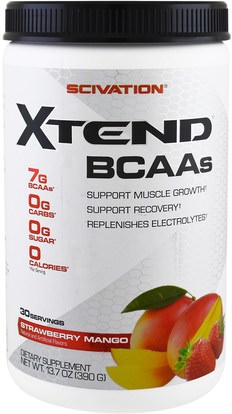 Scivation, Xtend BCAAs, Strawberry Mango, 13.7 oz (390 g) ,والمكملات، والأحماض الأمينية، بكا (متفرعة سلسلة الأحماض الأمينية)، والرياضة، تجريب