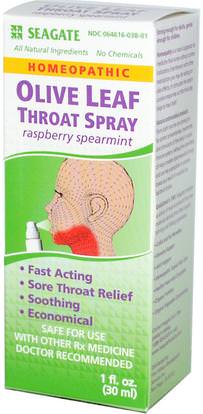 Seagate, Olive Leaf Throat Spray, Raspberry Spearmint, 1 fl oz (30 ml) ,المكملات الغذائية، السعال المثلي البرد والانفلونزا
