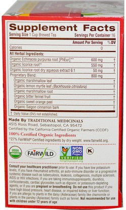 Herb-sa Traditional Medicinals, Seasonal Teas, Organic Throat Coat, Naturally Caffeine Free, Lemon Echinacea, 16 Wrapped Tea Bags, 1.13 oz (32 g)