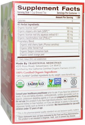Herb-sa Traditional Medicinals, Seasonal Teas, Organic Throat Coat, Naturally Caffeine Free, 16 Wrapped Tea Bags, 1.13 oz (32 g)