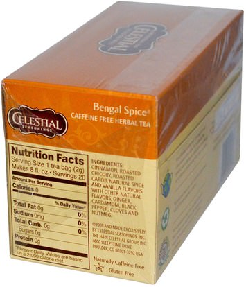 التوابل السماوية Celestial Seasonings, Herbal Tea, Bengal Spice, Caffeine Free, 20 Tea Bags, 1.7 oz (47 g)