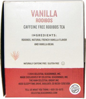 التوابل السماوية، والغذاء، والشاي رويبوس Celestial Seasonings, Rooibos Tea, Vanilla Rooibos, Caffeine Free, 20 Tea Bags, 1.5 oz (42 g)