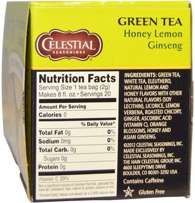 التوابل السماوية، التوابل السماوية الشاي الأخضر، أدابتوغين Celestial Seasonings, Green Tea, Honey Lemon Ginseng, 20 Tea Bags, 1.5 oz (42 g)