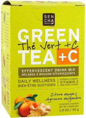 Sencha Naturals, Green Tea + C, Citrus Ginger, 10 Packets, 1.8 oz (50 g) Each ,المكملات الغذائية، مضادات الأكسدة، الشاي الأخضر، الغذاء، الشاي العشبية