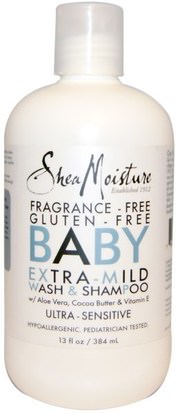 Shea Moisture, Baby Extra-Mild Wash & Shampoo, Fragrance Free, 13 fl oz (384 ml) ,حمام، جمال، شامبو، أطفال شامبو، هلام الاستحمام، الاطفال غسل الجسم، استحمام الطفل هلام