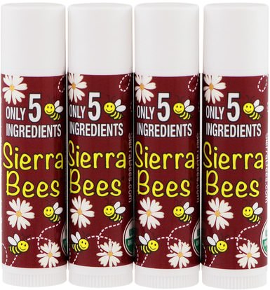 Sierra Bees, Organic Lip Balm, Black Cherry, 4 Pack.15 oz (4.25 g) Each ,حمام، الجمال، أحمر الشفاه، معان، بطانة، العناية الشفاه