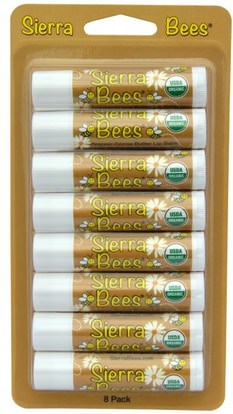 Sierra Bees, Organic Lip Balms, Cocoa Butter, 8 Pack.15 oz (4.25 g) Each ,حمام، الجمال، العناية الشفاه، بلسم الشفاه، النحل سيرا العضوية بلسم الشفاه