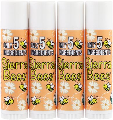 Sierra Bees, Organic Lip Balms, Grapefruit, 4 Pack.15 oz (4.25 g) Each ,حمام، الجمال، أحمر الشفاه، معان، بطانة، العناية الشفاه