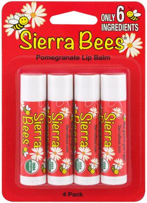 Sierra Bees, Organic Lip Balms, Pomegranate, 4 Pack.15 oz (4.25 g) Each ,حمام، الجمال، العناية الشفاه، بلسم الشفاه، النحل سيرا العضوية بلسم الشفاه