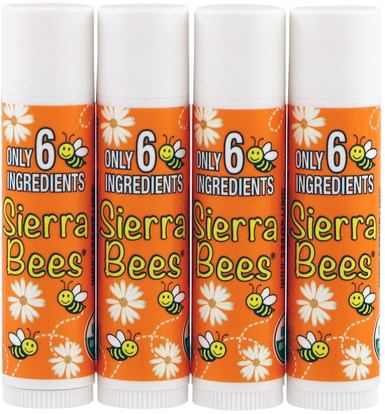 Sierra Bees, Organic Lip Balms, Tangerine Chamomile, 4 Pack.15 oz (4.25 g) Each ,حمام، الجمال، أحمر الشفاه، معان، بطانة، العناية الشفاه