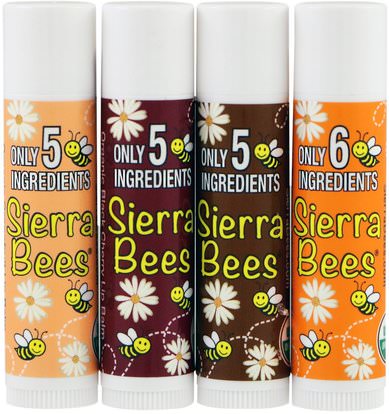 Sierra Bees, Organic Lip Balms, Variety Pack, 4 Pack.15 oz (4.25 g) Each ,حمام، الجمال، أحمر الشفاه، معان، بطانة، العناية الشفاه