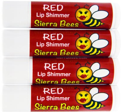 Sierra Bees, Tinted Lip Shimmer Balms, Red, 4 Pack ,حمام، الجمال، أحمر الشفاه، لمعان، بطانة، العناية الشفاه، بلسم الشفاه