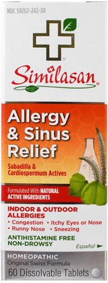 Similasan, Allergy & Sinus Relief, Sabadilla & Cardiospermum Actives, 60 Dissolvable Tablets ,والمكملات الغذائية، المثلية، صحة الأنف، والأنف