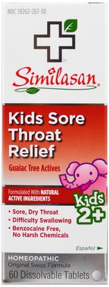 Similasan, Kids Sore Throat Relief, Guaiac Tree Actives, 2+, 60 Dissolvable Tablets ,والمكملات الغذائية، المثلية