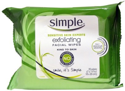 Simple Skincare, Exfoliating Facial Wipes, 25 Wipes ,الجمال، العناية بالوجه، مناديل الوجه