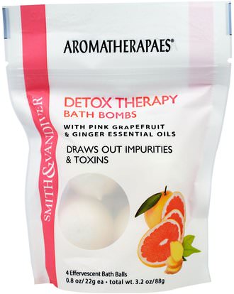 Smith & Vandiver, Detox Therapy Bath Bombs with Pink Grapefruit & Ginger Essential Oils, 4 Effervescent Bath Balls, 0.8 oz (22 g) Each ,حمام، الجمال، الصحة