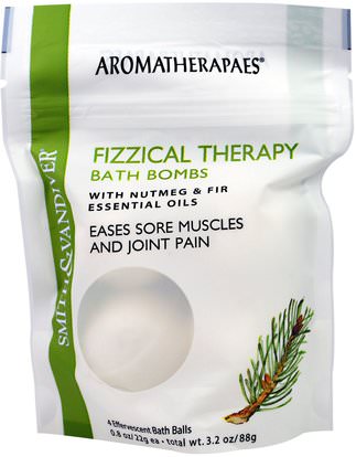 Smith & Vandiver, Fizzical Therapy Bath Bombs with Nutmeg & Fir Essential Oil, 4 Effervescent Bath Balls, 0.8 g (22 g) Each ,والصحة، والعظم، وهشاشة العظام، والصحة المشتركة، والمزاج