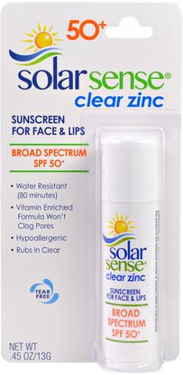 Solar Sense, Clear Zinc Sunscreen Stick, SPF 50+, Face & Lips.45 oz (13 g) ,حمام، الجمال، واقية من الشمس، سف 50-75، العناية الشفاه، شفة الشمس