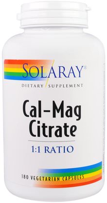 Solaray, Cal-Mag Citrate, 1:1 Ratio, 180 Veggie Caps ,والمكملات الغذائية، والمعادن، والكالسيوم والمغنيسيوم