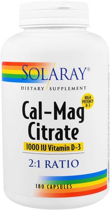 Solaray, Cal-Mag Citrate, 1000 IU Vitamin D-3, 180 Capsules ,والمكملات الغذائية، والمعادن، والكالسيوم والمغنيسيوم