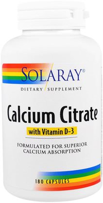 Solaray, Calcium Citrate with Vitamin D-3, 180 Capsules ,المكملات الغذائية، المعادن، سيترات الكالسيوم