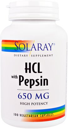 Solaray, HCL with Pepsin, 650 mg, 100 Vegetarian Capsules ,المكملات الغذائية، البيتين هكل