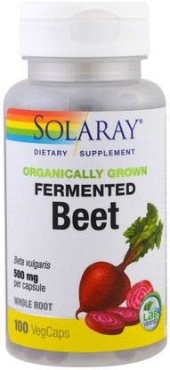 Solaray, Organically Grown Fermented Beet, 500 mg, 100 Veggie Caps ,المكملات الغذائية، الأعشاب، الجذر مسحوق البنجر