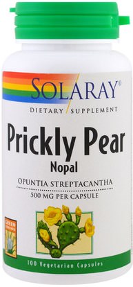 Solaray, Prickly Pear, Nopal, 500 mg, 100 Veggie Caps ,الصحة، نسبة السكر في الدم، نوبال (شائك الصبار الكمثرى أوبونتيا)