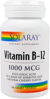 Solaray, Vitamin B-12, 1000 mcg, 90 Cherry Lozenges ,الفيتامينات، فيتامين ب، فيتامين ب 12