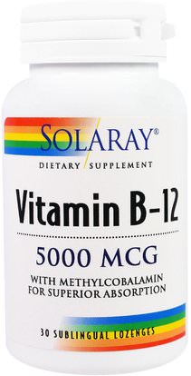 Solaray, Vitamin B-12, 5000 mcg, 30 Sublingual Lozenges ,الفيتامينات، فيتامين ب، فيتامين ب 12