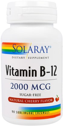 Solaray, Vitamin B-12, Natural Cherry Flavor, Sugar Free, 2000 mcg, 90 Sublingual Lozenges ,الفيتامينات، فيتامين ب، فيتامين ب 12