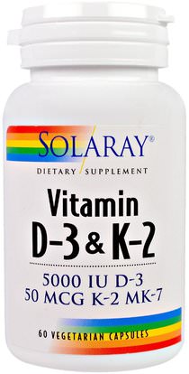 Solaray, Vitamin D-3 & K-2, 5000 IU, 60 Veggie Caps ,الفيتامينات، فيتامين d3، فيتامين k