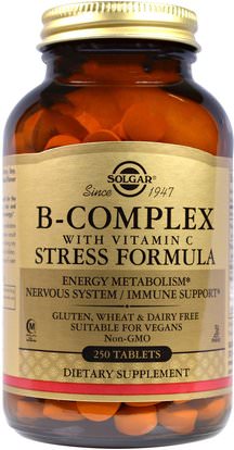 Solgar, B-Complex with Vitamin C Stress Formula, 250 Tablets ,الفيتامينات، فيتامين ب المعقدة، الصحة، مكافحة الإجهاد