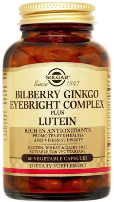 Solgar, Bilberry Ginkgo Eyebright Complex Plus Lutein, 60 Vegetable Capsules ,المكملات الغذائية، مضادات الأكسدة، اللوتين