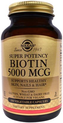 Solgar, Biotin, 5000 mcg, 100 Vegetable Capsules ,الفيتامينات، البيوتين