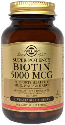 Solgar, Biotin, 5000 mcg, 50 Vegetable Capsules ,الفيتامينات، فيتامين ب، البيوتين