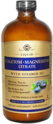 Solgar, Calcium Magnesium Citrate, with Vitamin D3, Liquid, Natural Blueberry Flavor, 16 fl oz (473 ml) ,المكملات الغذائية، والمعادن، والكالسيوم
