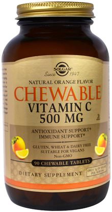 Solgar, Chewable Vitamin C, 500 mg, Natural Orange Flavor, 90 Chewable Tablets ,المكملات الغذائية، مضادات الأكسدة، فيتامين ج، فيتامين ج مضغ