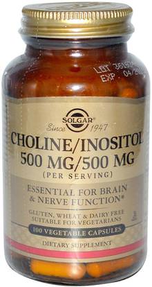 Solgar, Choline/Inositol, 500mg/500 mg, 100 Vegetable Capsules ,الفيتامينات، الكولين و إينوزيتول