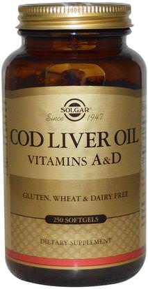 Solgar, Cod Liver Oil, Vitamin A & D, 250 Softgels ,المكملات الغذائية، إيفا أوميجا 3 6 9 (إيبا دا)، زيت كبد سمك القد