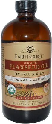 Solgar, Earth Source, Organic, Flaxseed Oil, 16 fl oz (473 ml) ,المكملات الغذائية، إيفا أوميجا 3 6 9 (إيبا دا)، الكتان النفط السائل