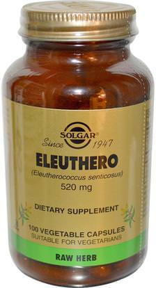 Solgar, Eleuthero, 520 mg, 100 Vegetable Capsules ,المكملات الغذائية، أدابتوغين، الانفلونزا الباردة والفيروسية، الجينسنغ، إليوثيرو