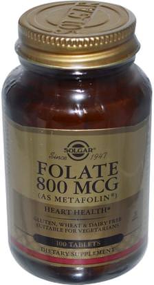 Solgar, Folate, As Metafolin, 800 mcg, 100 Tablets ,الفيتامينات، حمض الفوليك، 5-مثف حمض الفوليك (5 الميثيل رباعي هيدرولوفولات)