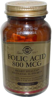 Solgar, Folic Acid, 800 mcg, 250 Tablets ,الفيتامينات، فيتامين ب، حمض الفوليك