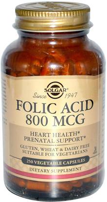 Solgar, Folic Acid, 800 mcg, 250 Vegetable Capsules ,الفيتامينات، فيتامين ب المعقدة