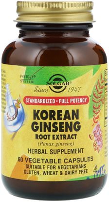 Solgar, Korean Ginseng Root Extract, 60 Vegetable Capsules ,المكملات الغذائية، أدابتوغين، الانفلونزا الباردة والفيروسية، الجينسنغ الكورية