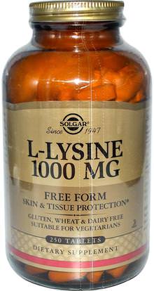 Solgar, L-Lysine, Free Form, 1000 mg, 250 Tablets ,المكملات الغذائية، والأحماض الأمينية، ل يسين